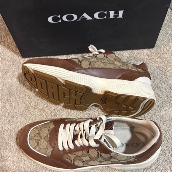 Used but brand New: but like Brown and Tan Sneakers with White Laces Coach - Picture 2 of 3